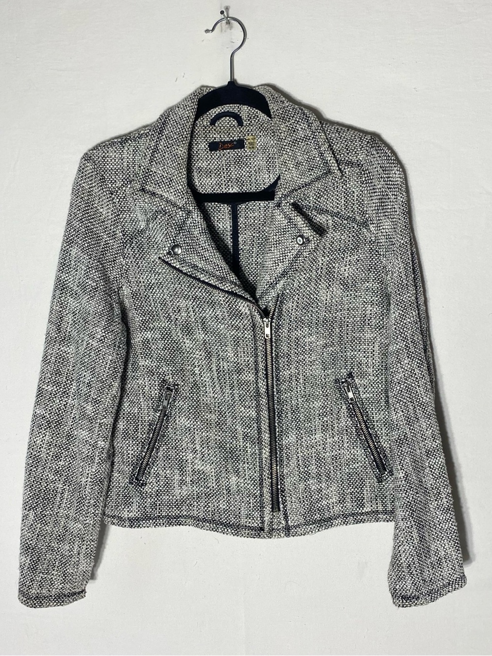 Dex Black White Tweed Cotton Blend Asymmetric Full Zip Moto Jacket M